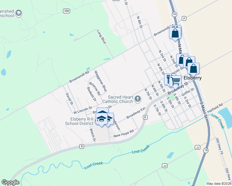 map of restaurants, bars, coffee shops, grocery stores, and more near 729 West Lincoln Street in Elsberry