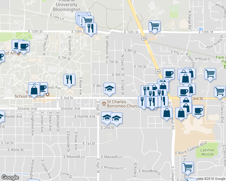 map of restaurants, bars, coffee shops, grocery stores, and more near 212 South Roosevelt Street in Bloomington