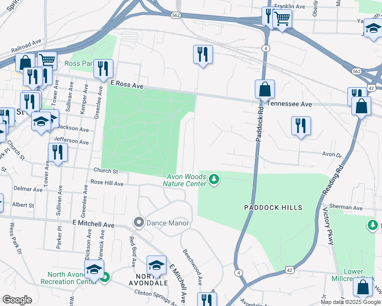 map of restaurants, bars, coffee shops, grocery stores, and more near 4803 Chalet Drive in Cincinnati