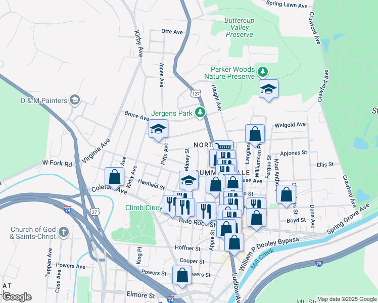 map of restaurants, bars, coffee shops, grocery stores, and more near 1641 Pullan Avenue in Cincinnati