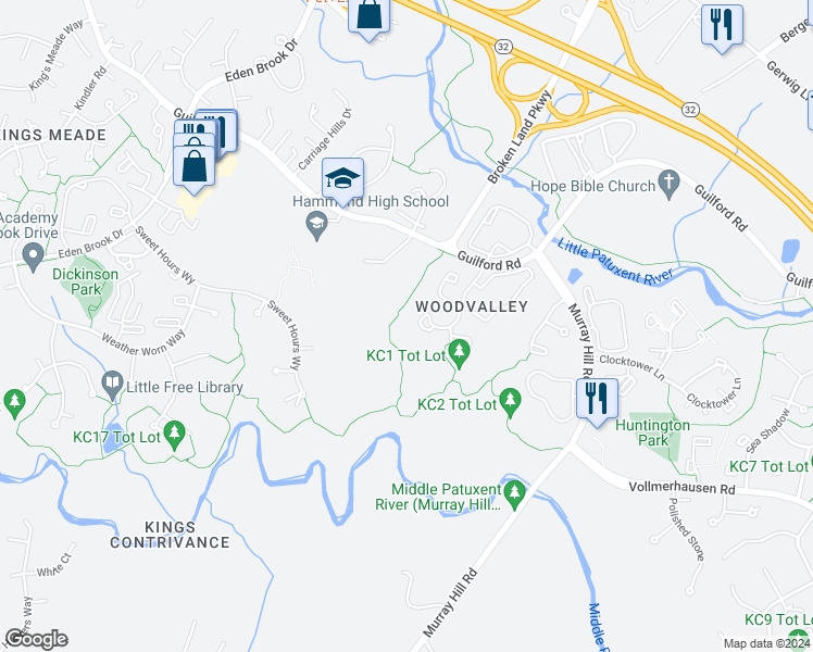 map of restaurants, bars, coffee shops, grocery stores, and more near 9065 Early April Way in Columbia