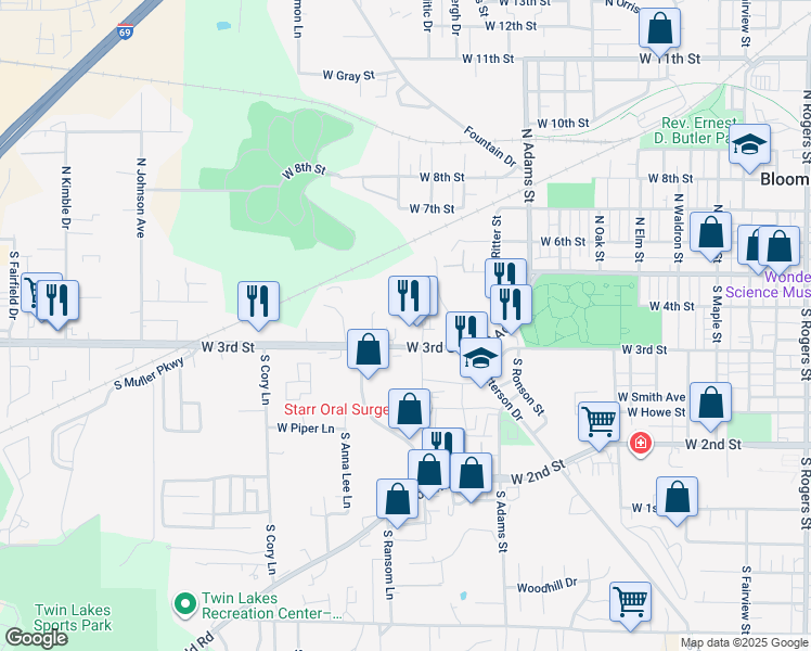 map of restaurants, bars, coffee shops, grocery stores, and more near 1618 West 3rd Street in Bloomington