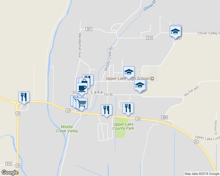 map of restaurants, bars, coffee shops, grocery stores, and more near 9554 Rice Street in Upper Lake