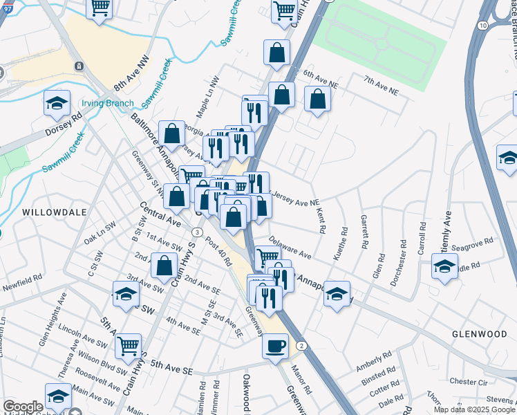 map of restaurants, bars, coffee shops, grocery stores, and more near 7415 Ritchie Highway in Glen Burnie