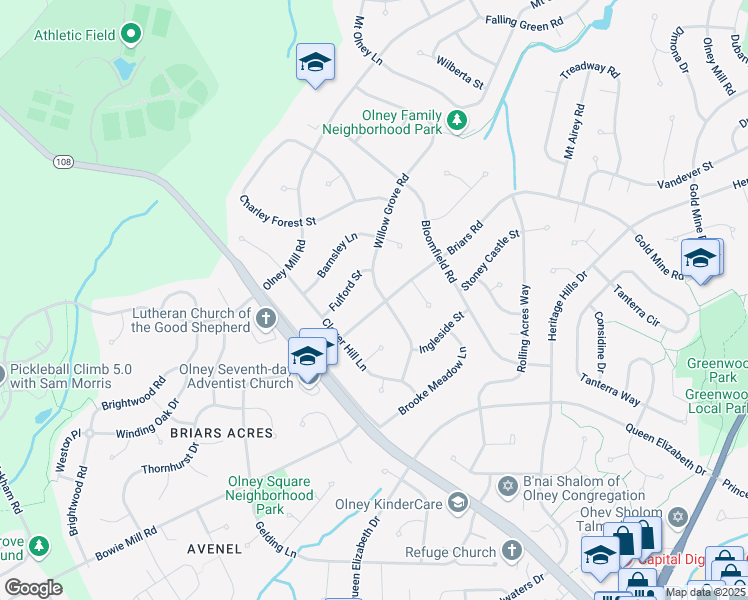 map of restaurants, bars, coffee shops, grocery stores, and more near 4001 Briars Road in Olney
