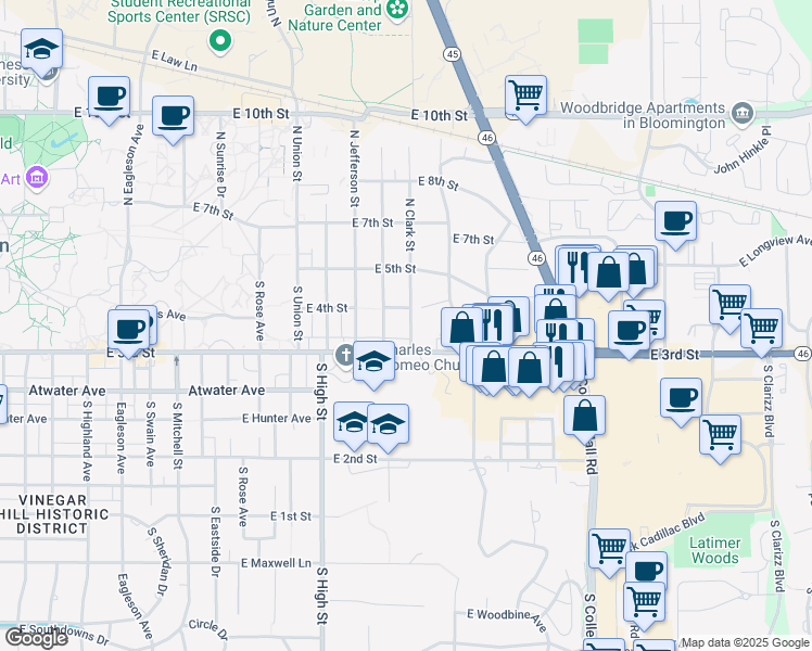 map of restaurants, bars, coffee shops, grocery stores, and more near 208 South Clark Street in Bloomington