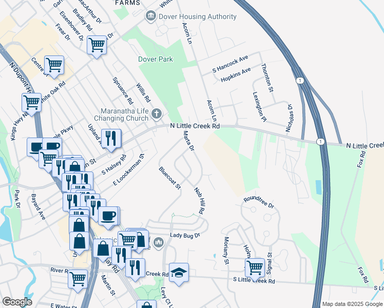 map of restaurants, bars, coffee shops, grocery stores, and more near 718 Marta Drive in Dover