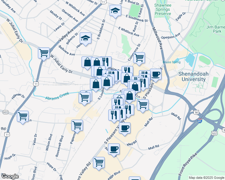 map of restaurants, bars, coffee shops, grocery stores, and more near 65 Featherbed Ln in Winchester