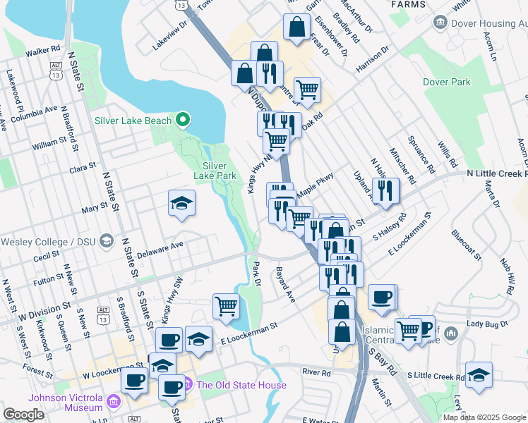 map of restaurants, bars, coffee shops, grocery stores, and more near 511 Maple Parkway in Dover
