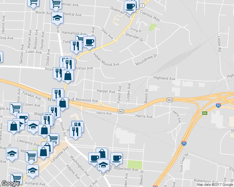 map of restaurants, bars, coffee shops, grocery stores, and more near 2361 Harper Avenue in Cincinnati