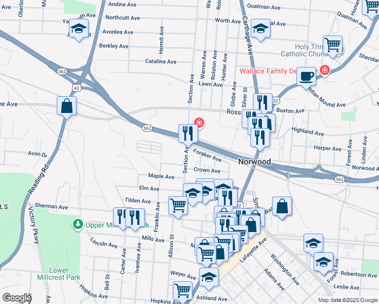 map of restaurants, bars, coffee shops, grocery stores, and more near 4811 Section Avenue in Cincinnati