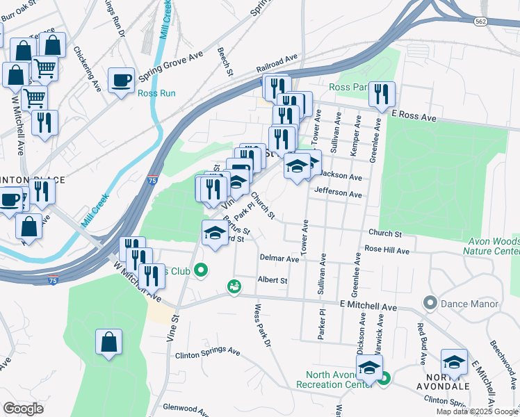 map of restaurants, bars, coffee shops, grocery stores, and more near 111 Church Street in Cincinnati