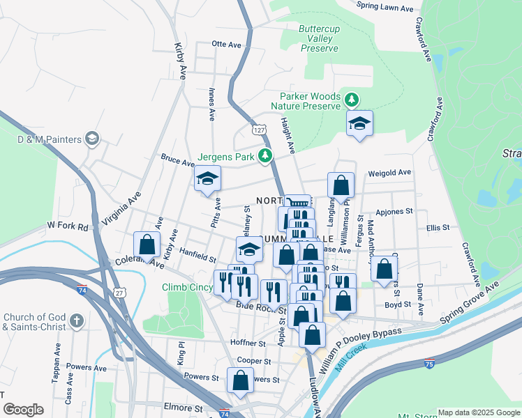 map of restaurants, bars, coffee shops, grocery stores, and more near 1641 Pullan Avenue in Cincinnati