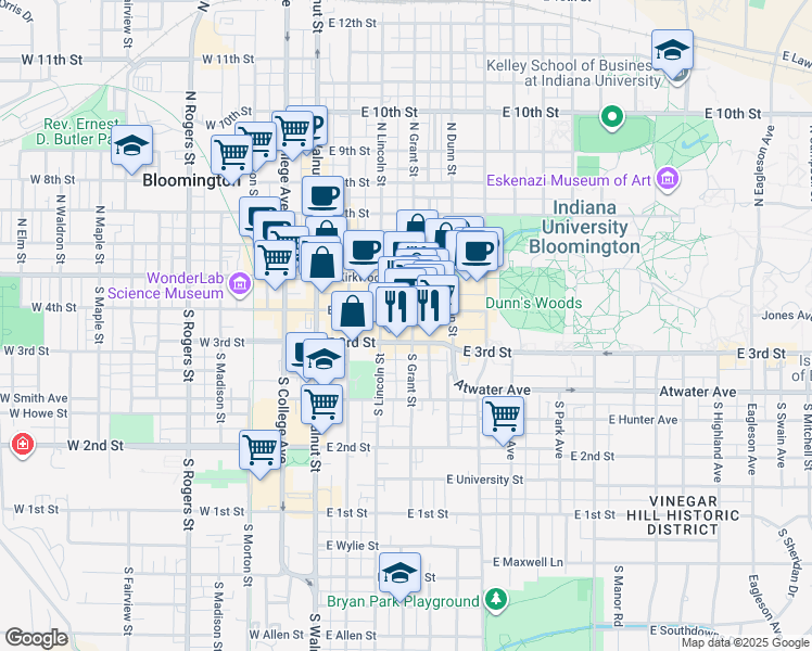 map of restaurants, bars, coffee shops, grocery stores, and more near 309 East 3rd Street in Bloomington