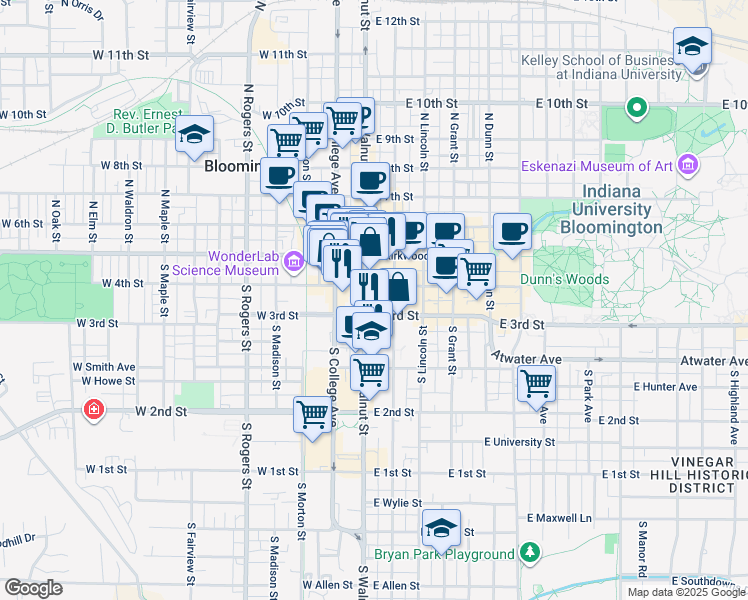map of restaurants, bars, coffee shops, grocery stores, and more near 219 South Walnut Street in Bloomington