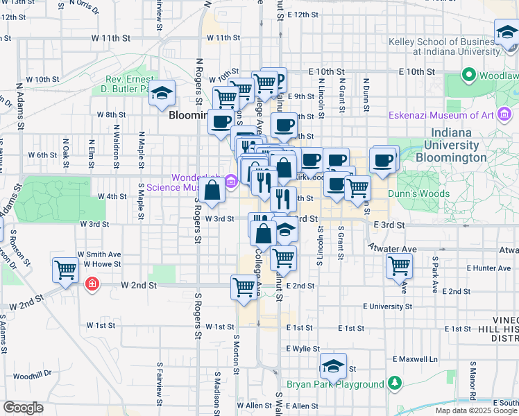 map of restaurants, bars, coffee shops, grocery stores, and more near 222 South College Avenue in Bloomington