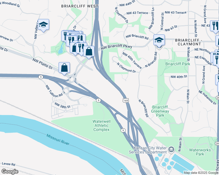 map of restaurants, bars, coffee shops, grocery stores, and more near 3861 North Mulberry Drive in Kansas City