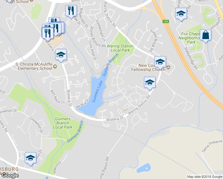 map of restaurants, bars, coffee shops, grocery stores, and more near 12145 Flag Harbor Drive in Germantown