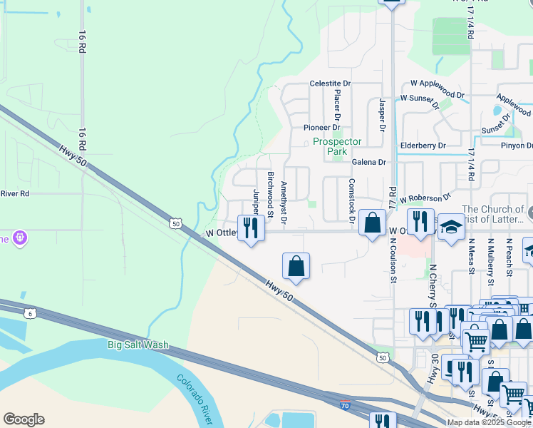 map of restaurants, bars, coffee shops, grocery stores, and more near 448 Birchwood Street in Fruita