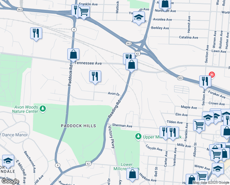 map of restaurants, bars, coffee shops, grocery stores, and more near 1364 Avon Drive in Cincinnati