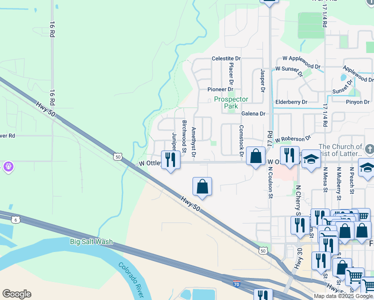 map of restaurants, bars, coffee shops, grocery stores, and more near 448 Birchwood Street in Fruita