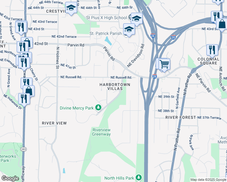 map of restaurants, bars, coffee shops, grocery stores, and more near 1321a Northeast 39th Street in Kansas City