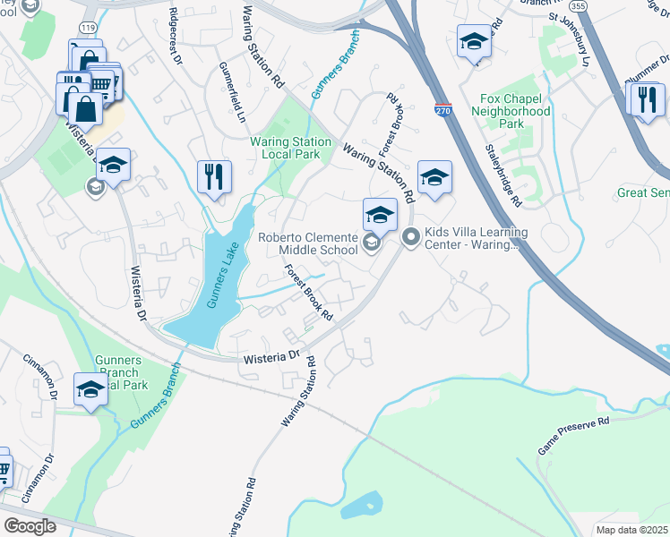 map of restaurants, bars, coffee shops, grocery stores, and more near 18840 Birdseye Drive in Germantown