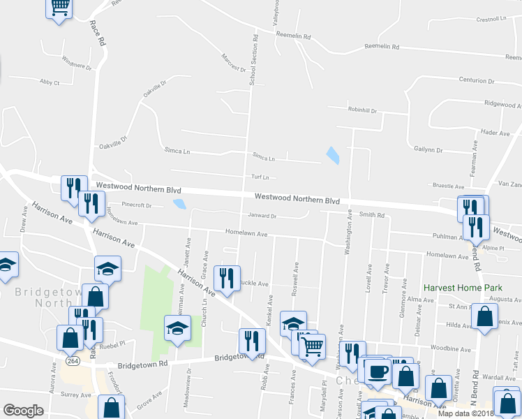 map of restaurants, bars, coffee shops, grocery stores, and more near 4170 Janward Drive in Cincinnati