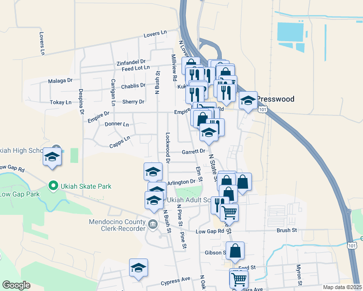 map of restaurants, bars, coffee shops, grocery stores, and more near 217 Irvington Drive in Ukiah