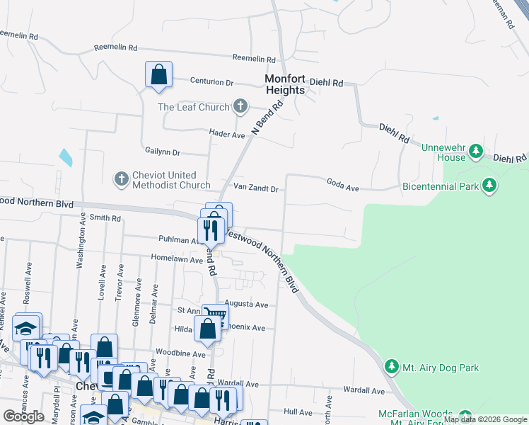 map of restaurants, bars, coffee shops, grocery stores, and more near 4207 Boudinot Avenue in Cincinnati