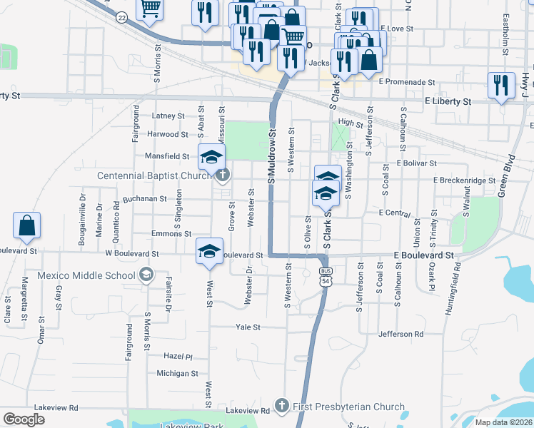 map of restaurants, bars, coffee shops, grocery stores, and more near 902 South Muldrow Street in Mexico