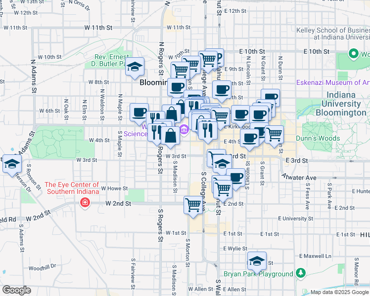 map of restaurants, bars, coffee shops, grocery stores, and more near 216 South Morton Street in Bloomington