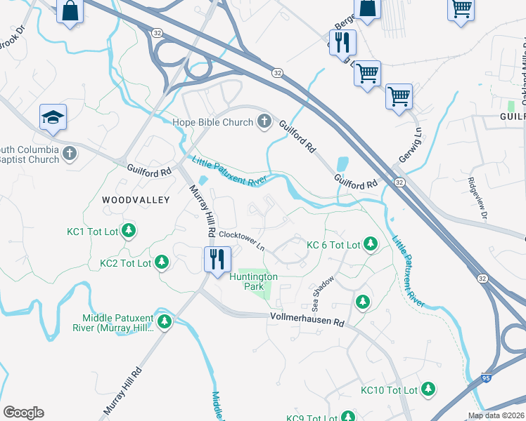 map of restaurants, bars, coffee shops, grocery stores, and more near 9802 Rainleaf Court in Columbia