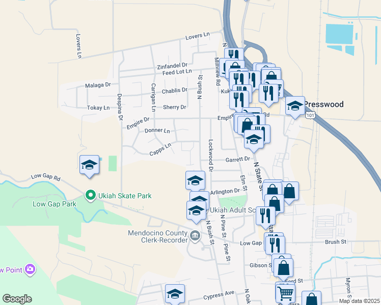 map of restaurants, bars, coffee shops, grocery stores, and more near 531 Capps Lane in Ukiah