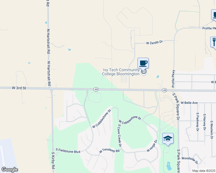map of restaurants, bars, coffee shops, grocery stores, and more near 5300-5320 West 3rd Street in Bloomington