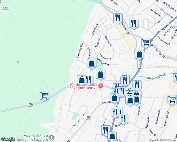 map of restaurants, bars, coffee shops, grocery stores, and more near 2123 Harvest Drive in Winchester