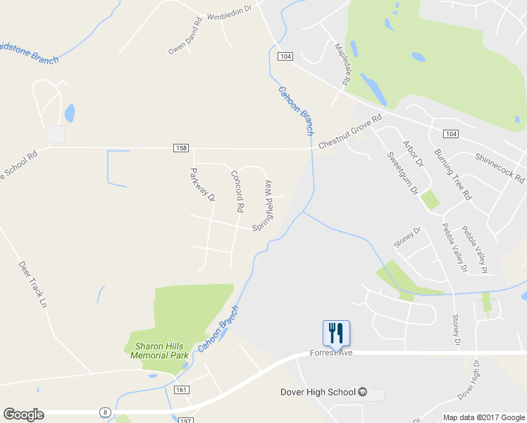map of restaurants, bars, coffee shops, grocery stores, and more near 126 Springfield Way in Dover