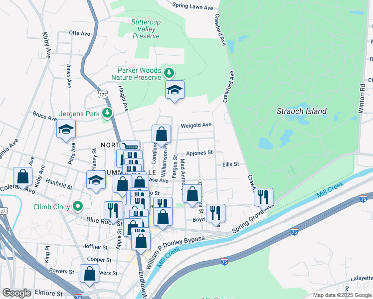 map of restaurants, bars, coffee shops, grocery stores, and more near 1428 Apjones Street in Cincinnati