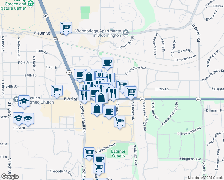 map of restaurants, bars, coffee shops, grocery stores, and more near 223 South Pete Ellis Drive in Bloomington
