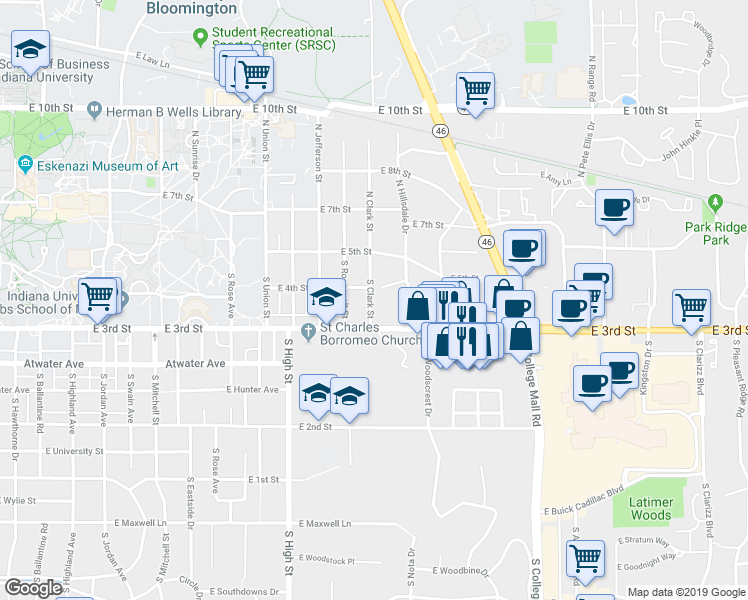 map of restaurants, bars, coffee shops, grocery stores, and more near 208 South Clark Street in Bloomington
