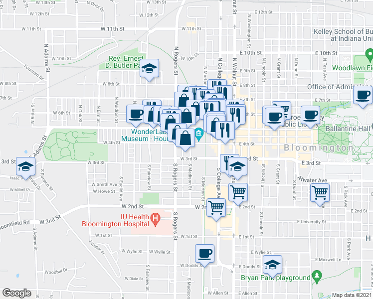 map of restaurants, bars, coffee shops, grocery stores, and more near 410 West 3rd Street in Bloomington