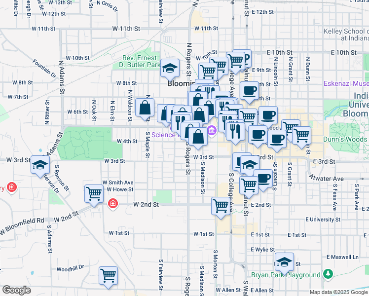 map of restaurants, bars, coffee shops, grocery stores, and more near 516 West 3rd Street in Bloomington