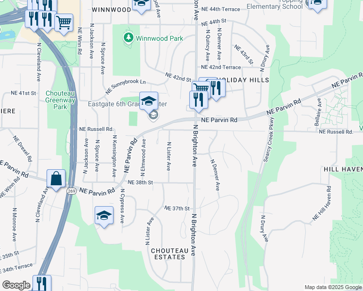 map of restaurants, bars, coffee shops, grocery stores, and more near 3908 North Brighton Avenue in Kansas City