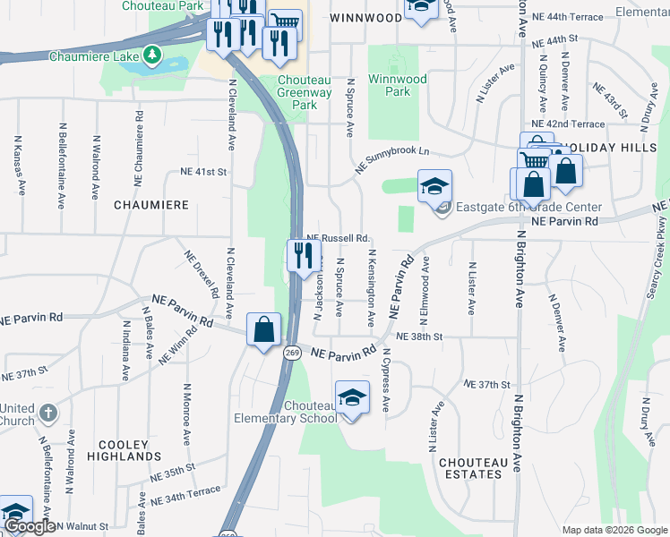 map of restaurants, bars, coffee shops, grocery stores, and more near 3921 North Spruce Avenue in Kansas City