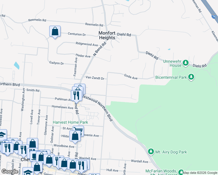 map of restaurants, bars, coffee shops, grocery stores, and more near 4210 Boudinot Avenue in Cincinnati