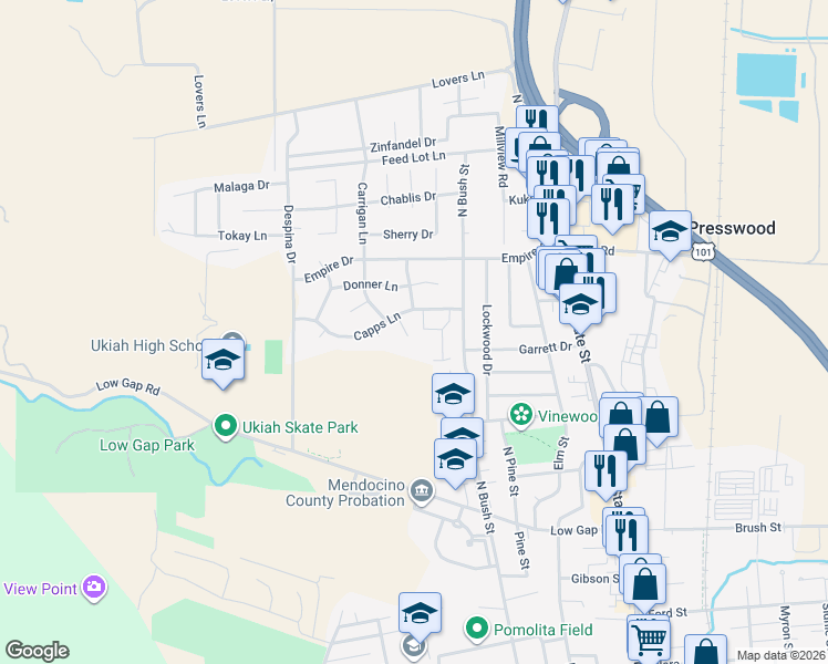 map of restaurants, bars, coffee shops, grocery stores, and more near 1040 Crystal Bay Court in Ukiah