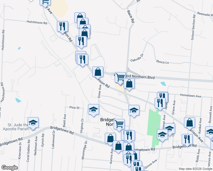 map of restaurants, bars, coffee shops, grocery stores, and more near 5575 Harrison Avenue in Cincinnati