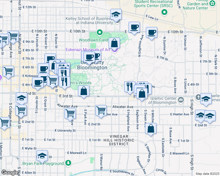 map of restaurants, bars, coffee shops, grocery stores, and more near 1011 East 3rd Street in Bloomington