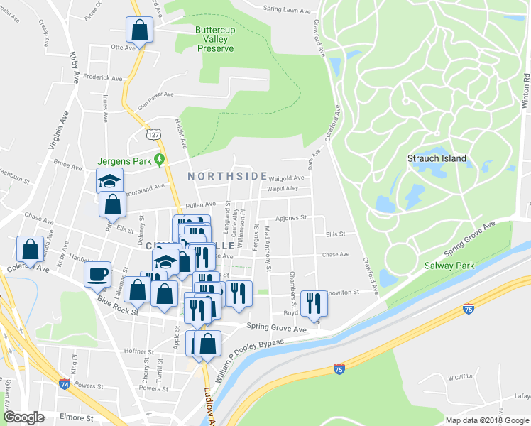 map of restaurants, bars, coffee shops, grocery stores, and more near 1428 Apjones Street in Cincinnati