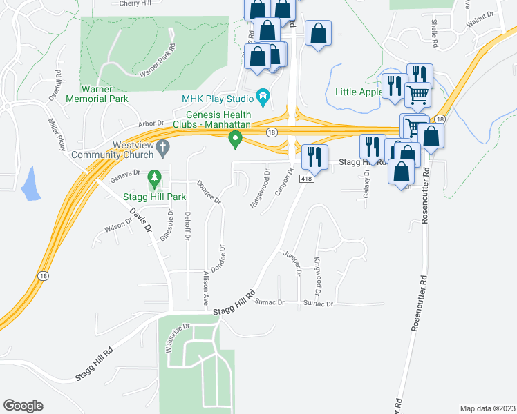 map of restaurants, bars, coffee shops, grocery stores, and more near 730 Ridgewood Drive in Manhattan